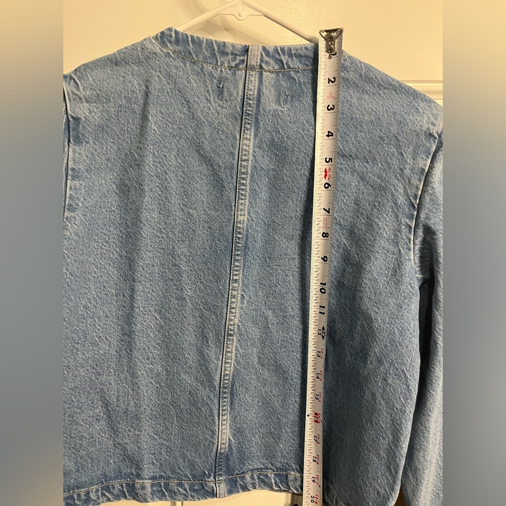 Zara collarless Cropped denim Jean Boxy Fit jacket w/ silver buttons XS - Picture 7 of 9